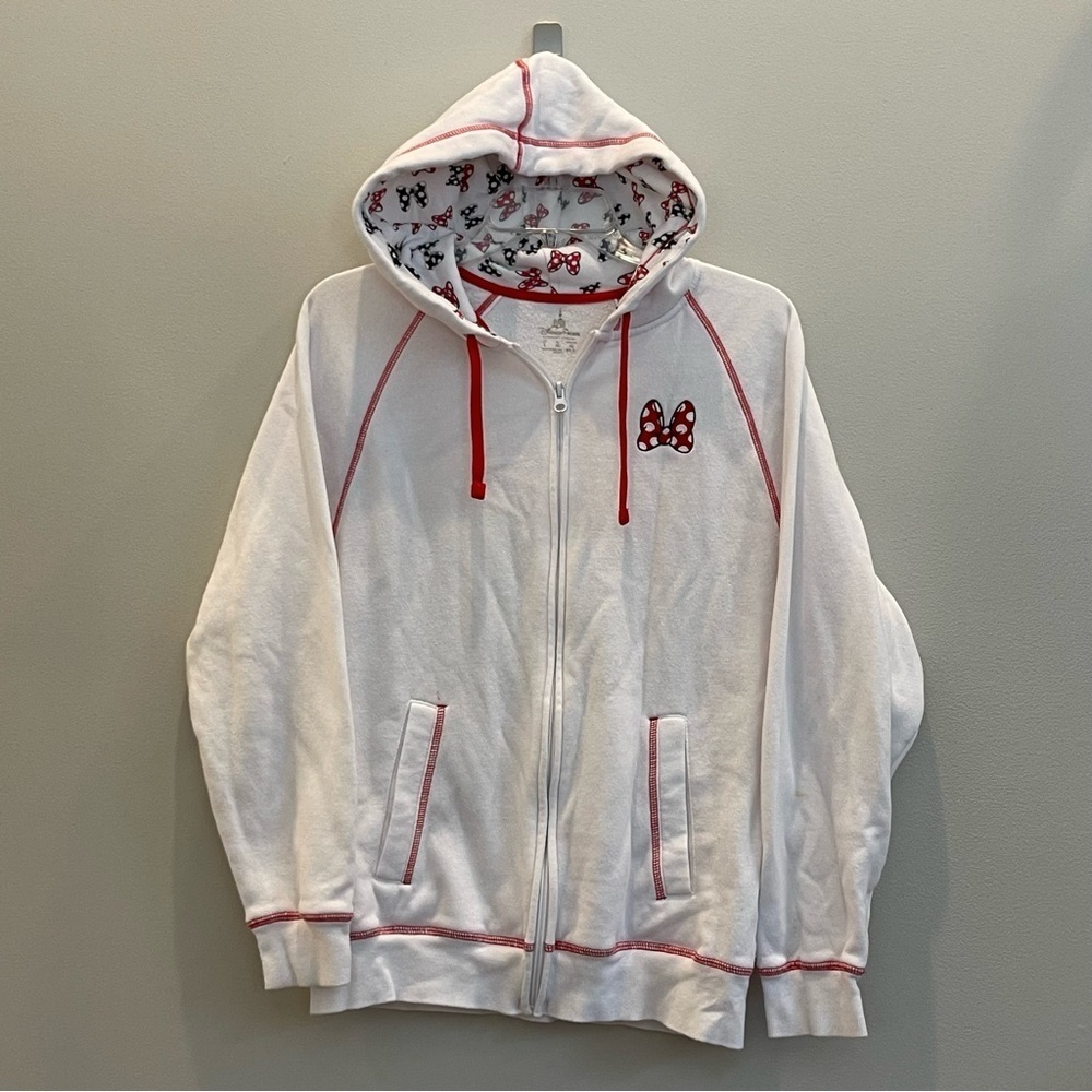 Disney Parks Minnie Mouse Bows Hoodie Jacket Women L Embroidered Mini Signature
